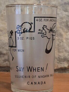 Vtg MCM Niagara Falls Canada Souvenir Say When! Jackasses Bar Shot Frosted Glass